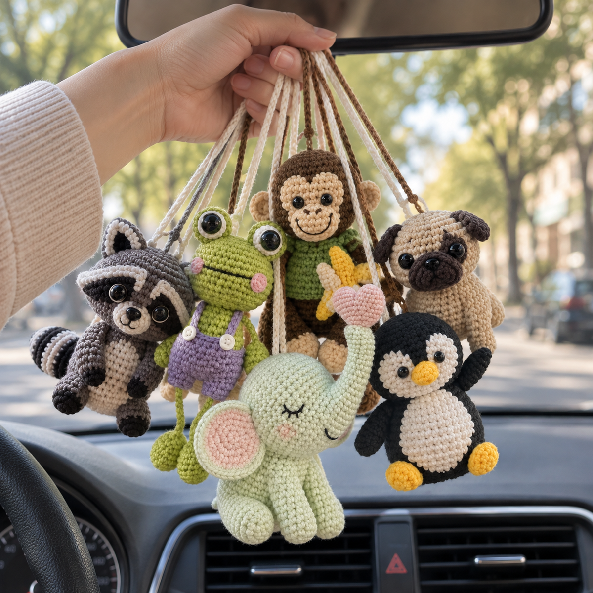 Crochet Car Hanging – Playful Animal Friends Rearview Mirror Charm