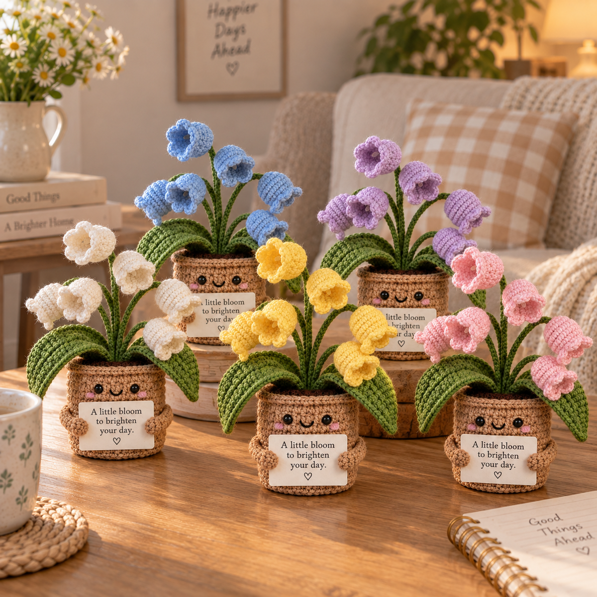 Five personalized crochet flower pot colors displayed together with custom message cards