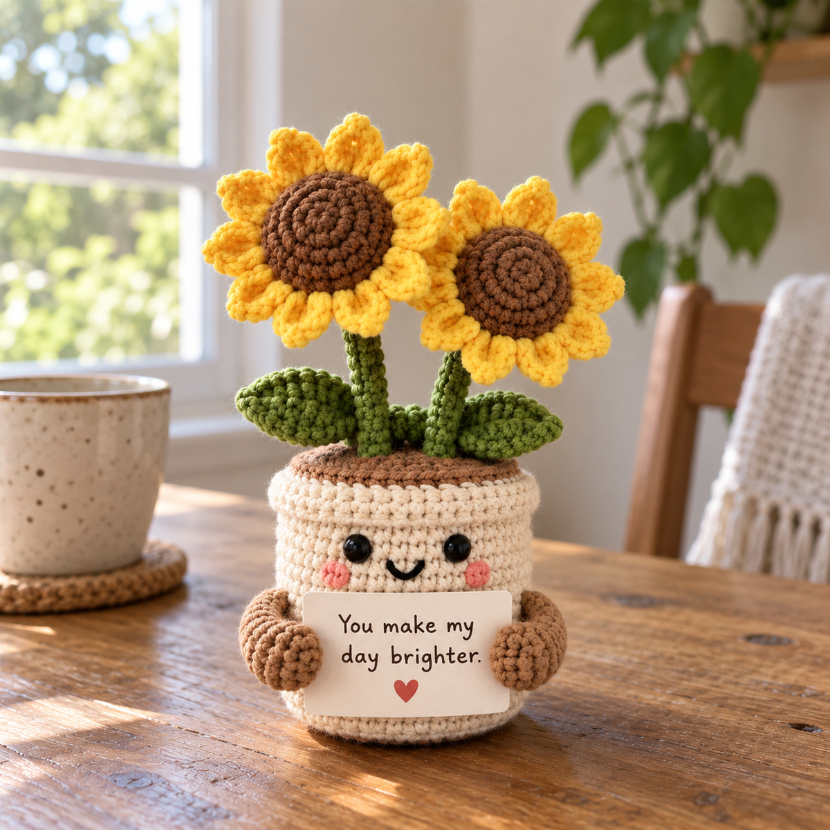 Personalized crochet sunflower flower pot with custom message displayed on a wooden table