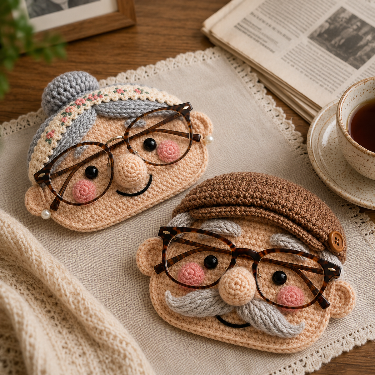 Grandma and Grandpa handmade crochet glasses holders displayed together with eyeglasses