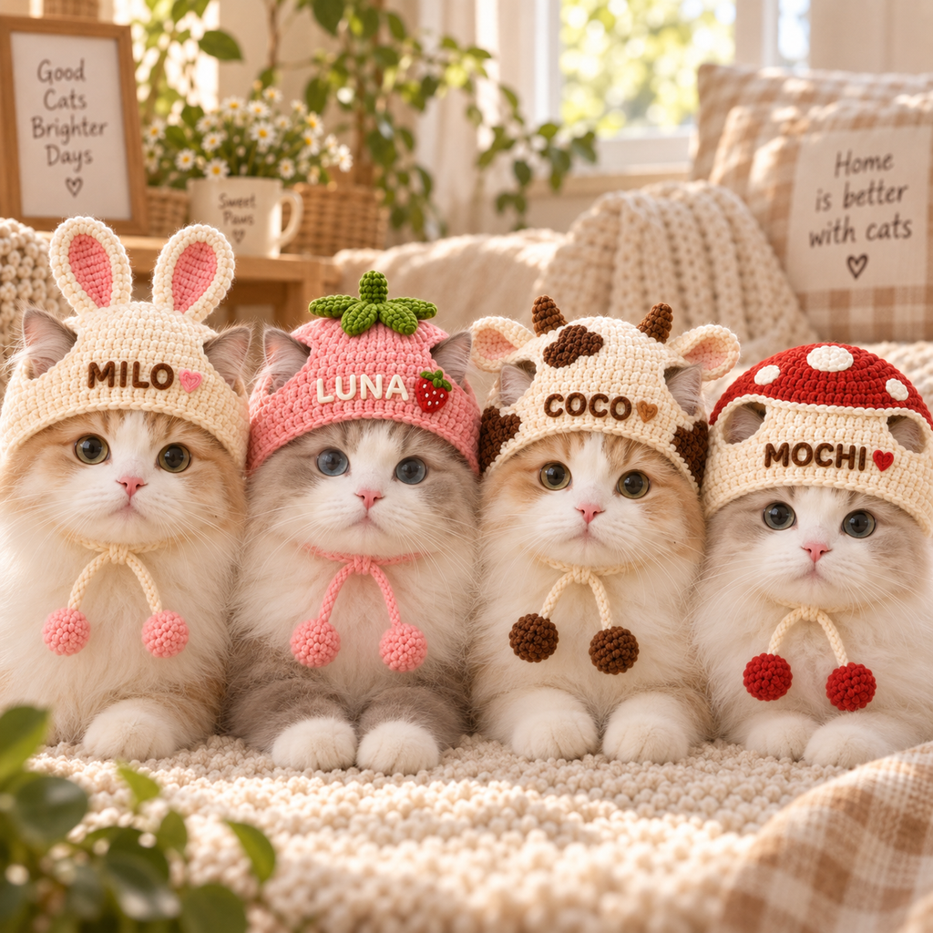 Custom Name Crochet Pet Hat – Bunny, Strawberry, Cow & Mushroom