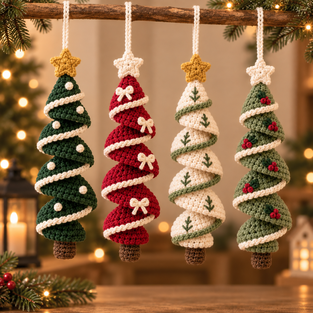 Four crochet spiral Christmas tree ornaments in Evergreen, Cranberry Red, Ivory Cream, and Sage Green