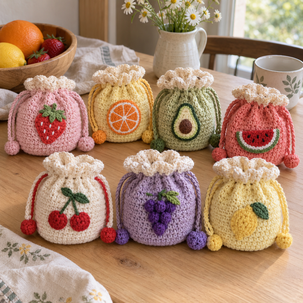 Seven crochet fruit drawstring pouches featuring Strawberry, Orange, Avocado, Watermelon, Cherry, Grape, and Lemon styles
