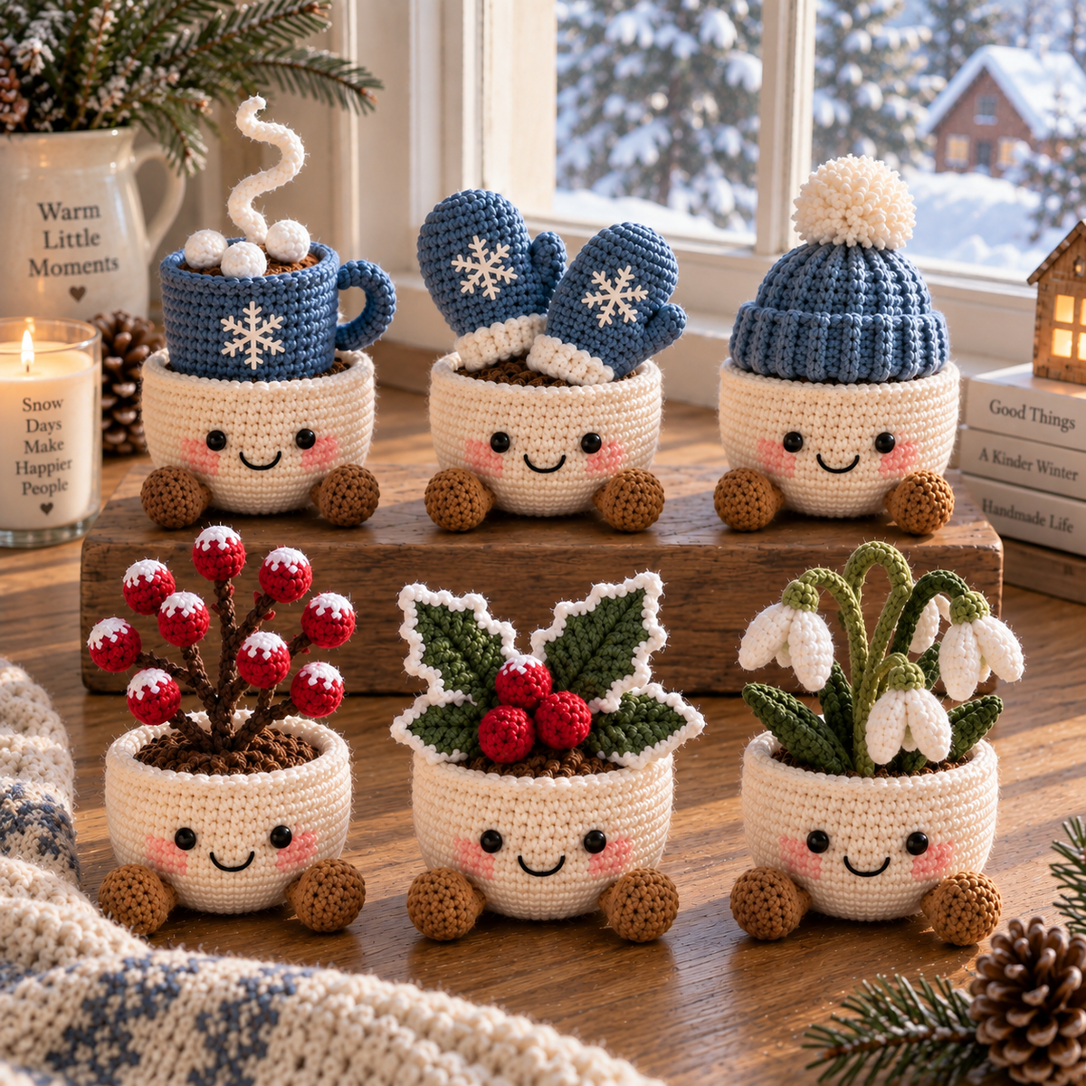 Six crochet winter plant decor styles displayed together in a cozy seasonal setting