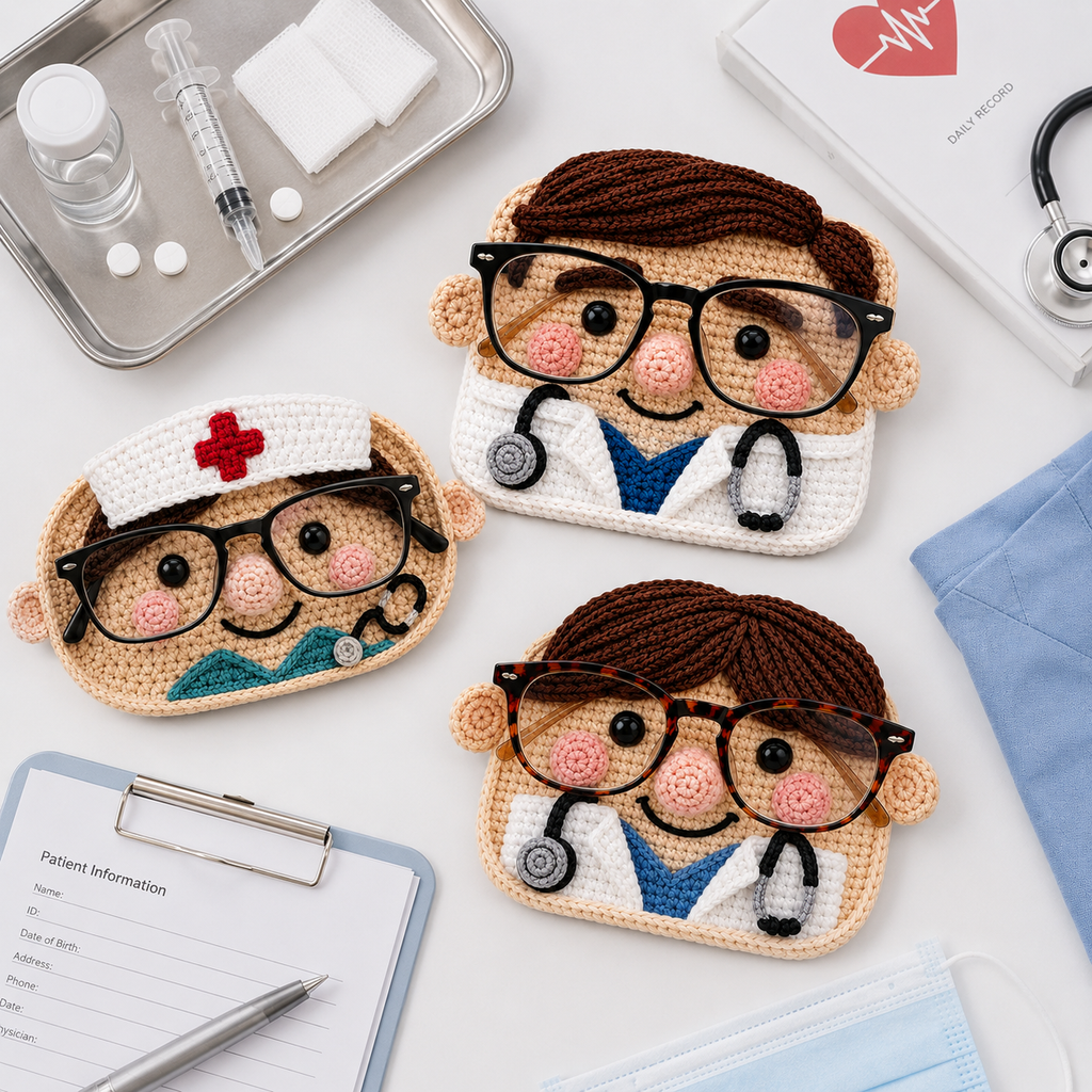 Three handmade crochet healthcare glasses holders featuring two nurse designs and one doctor design with eyeglasses