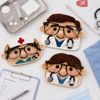 Three handmade crochet healthcare glasses holders featuring two nurse designs and one doctor design with eyeglasses