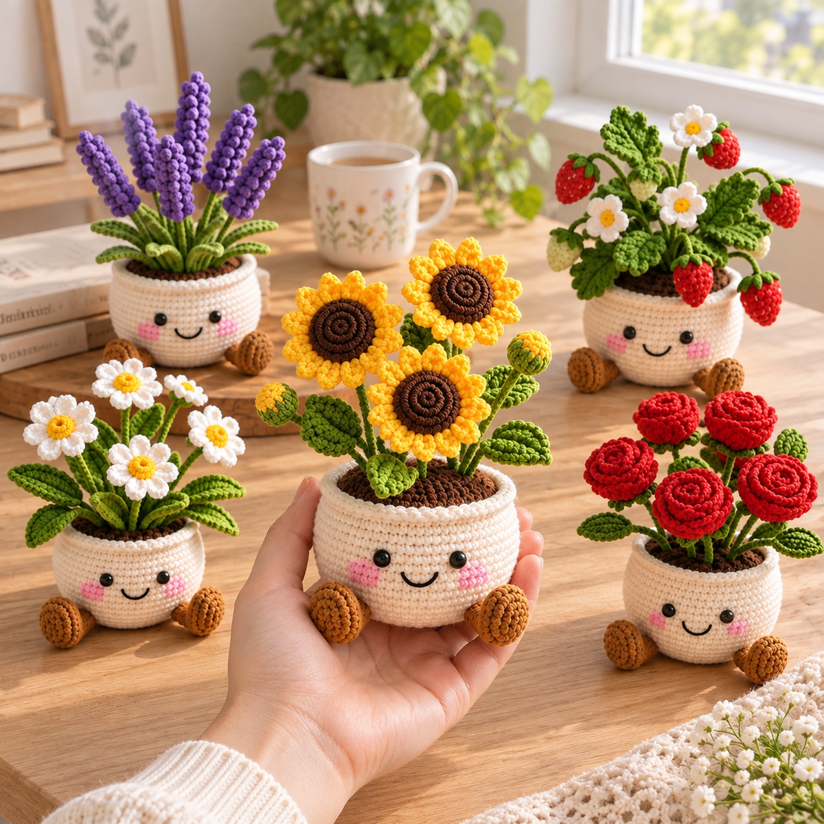 Crochet Plant Decor – Flower Garden Friends with five handmade styles including sunflower, lavender, strawberry, daisy, and rose