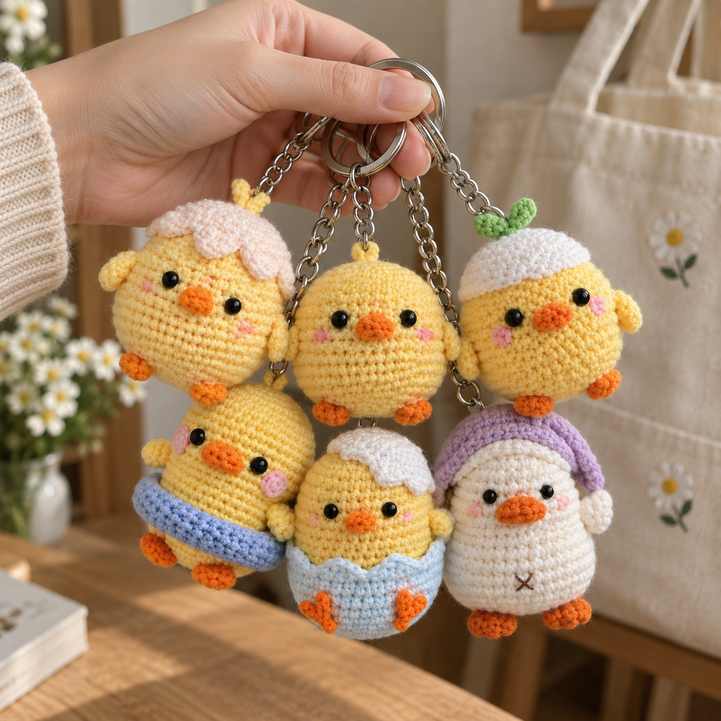Six handmade crochet chick keychains displayed together in different outfits and colors