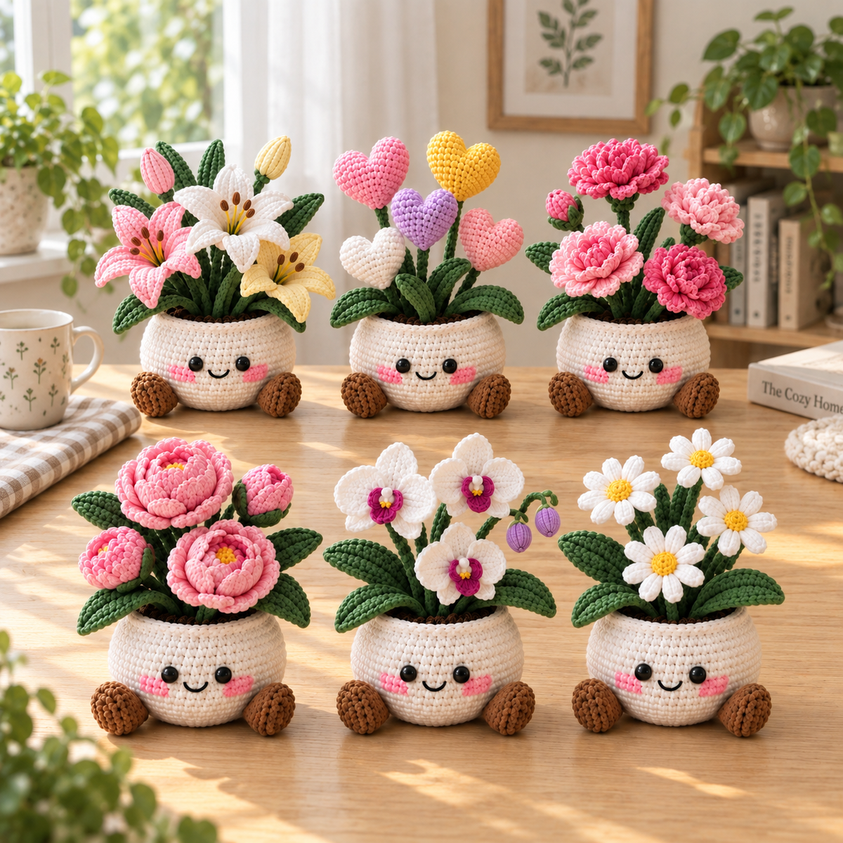 Six crochet flower pot decor styles featuring Lily, Heart, Carnation, Peony, Orchid, and Daisy