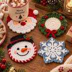 Four handmade crochet Christmas coasters in Santa, Wreath, Snowman, and Snowflake styles displayed on a wooden table