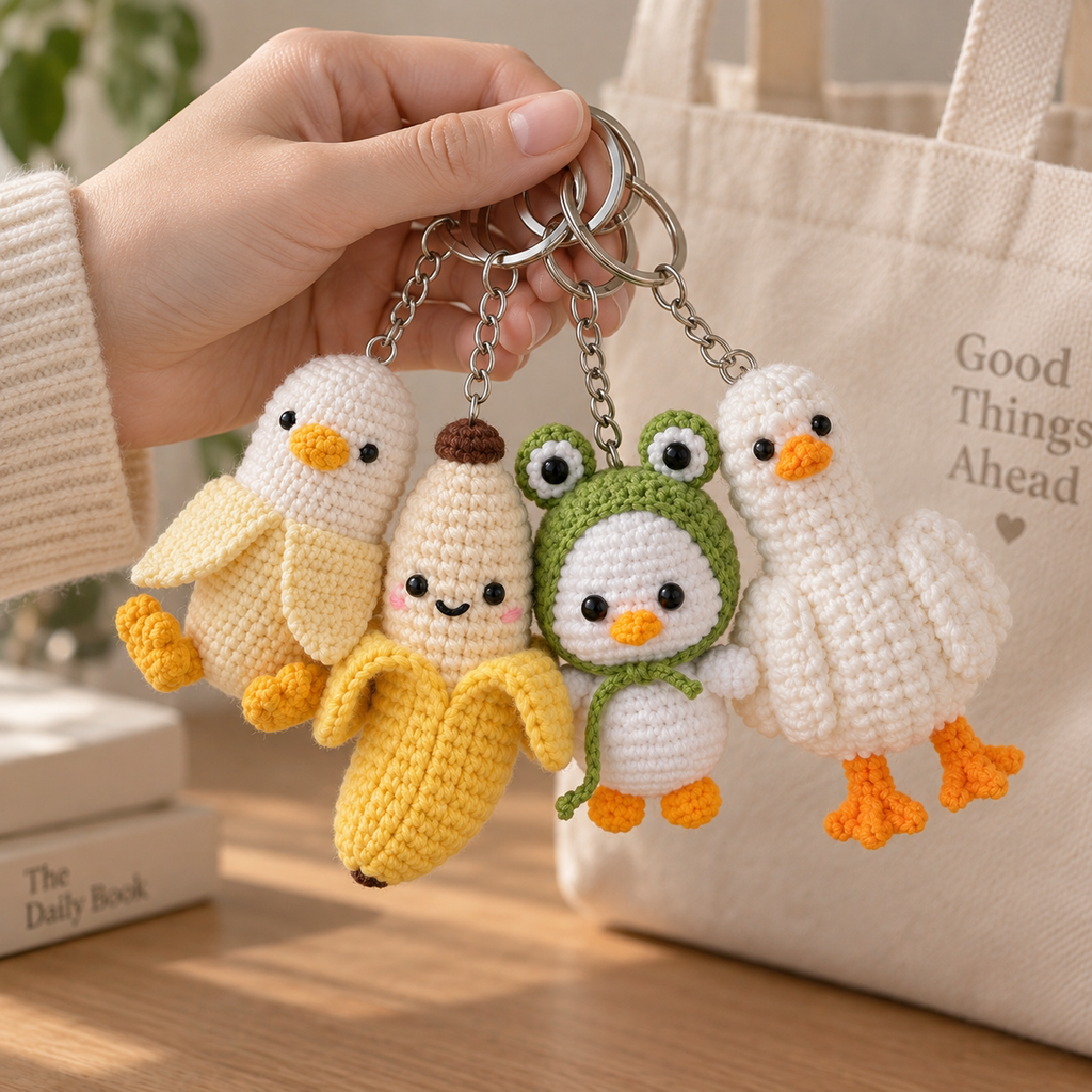 Crochet Keychain – Peeled Chick, Banana, Frog Duckling & Goose