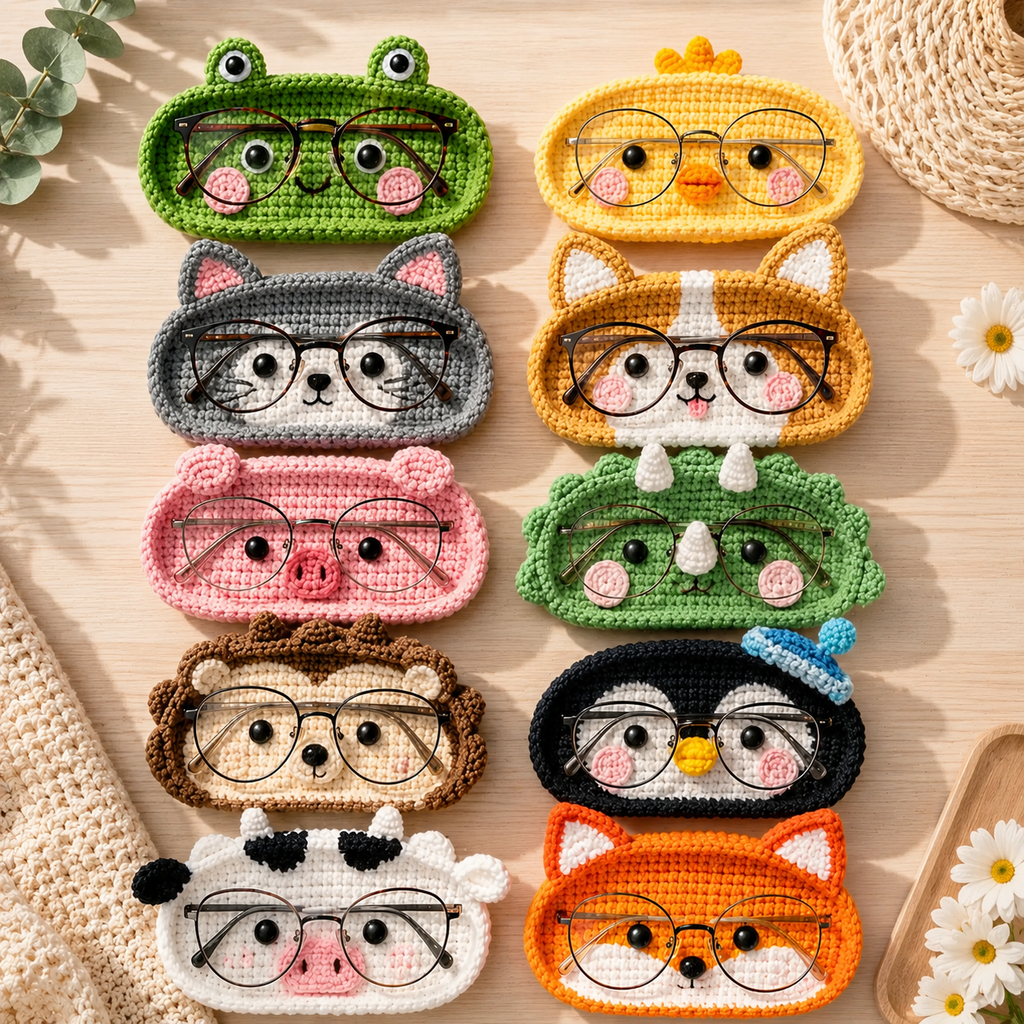 Ten handmade crochet animal glasses holders featuring pig, frog, cat, duck, lion, triceratops, penguin, cow, and fox designs