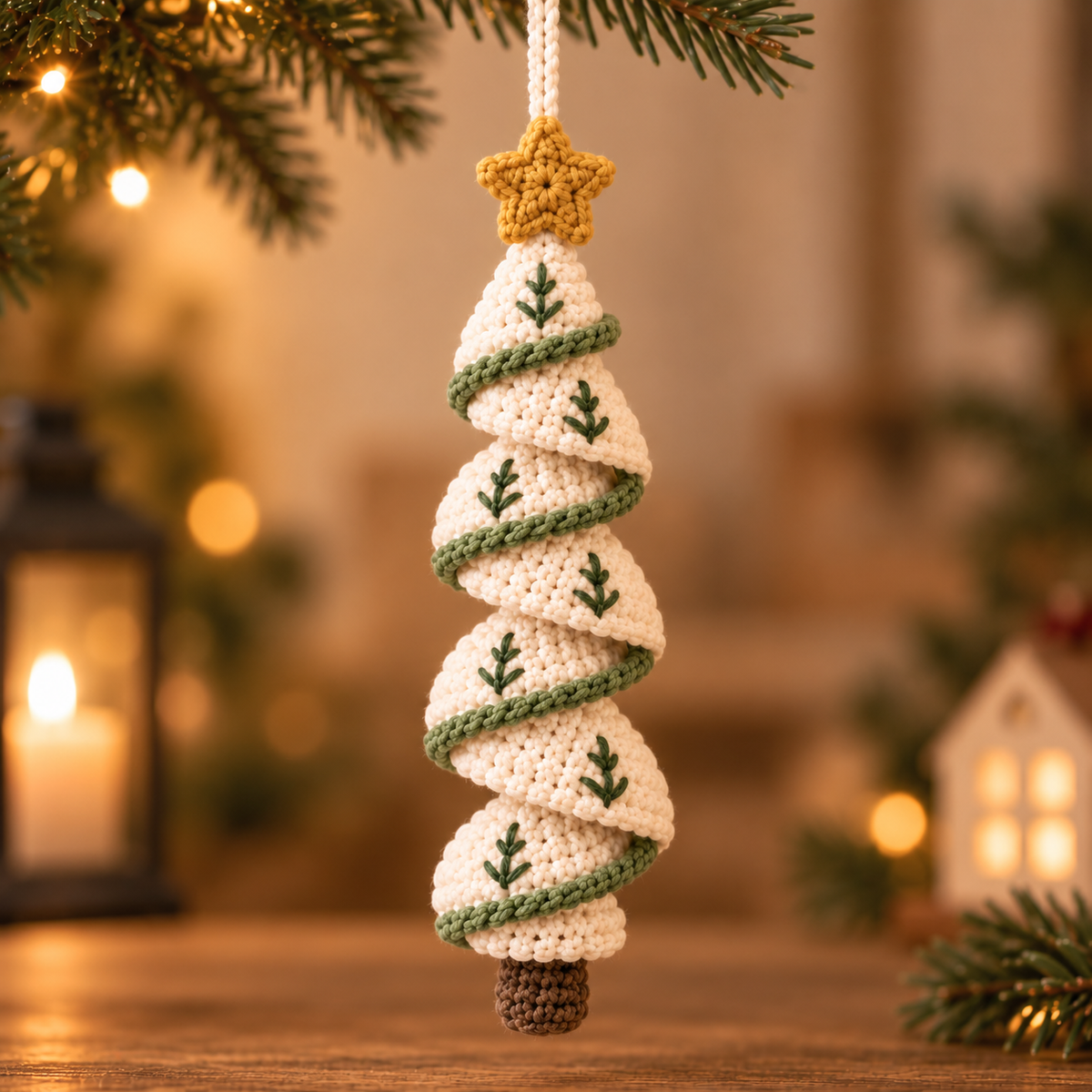 Ivory Cream crochet Christmas tree spiral ornament with green accents and gold star topper