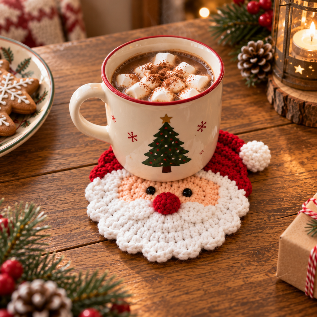 Handmade Santa crochet coaster displayed under a Christmas mug