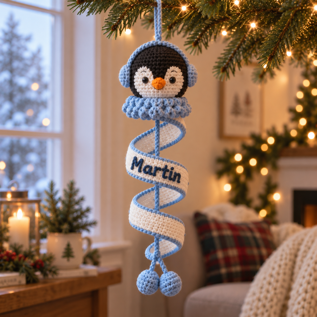Personalized Penguin crochet spiral ornament with the custom name Martin