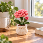 January Carnation crochet birth month flower pot with pink handmade blooms