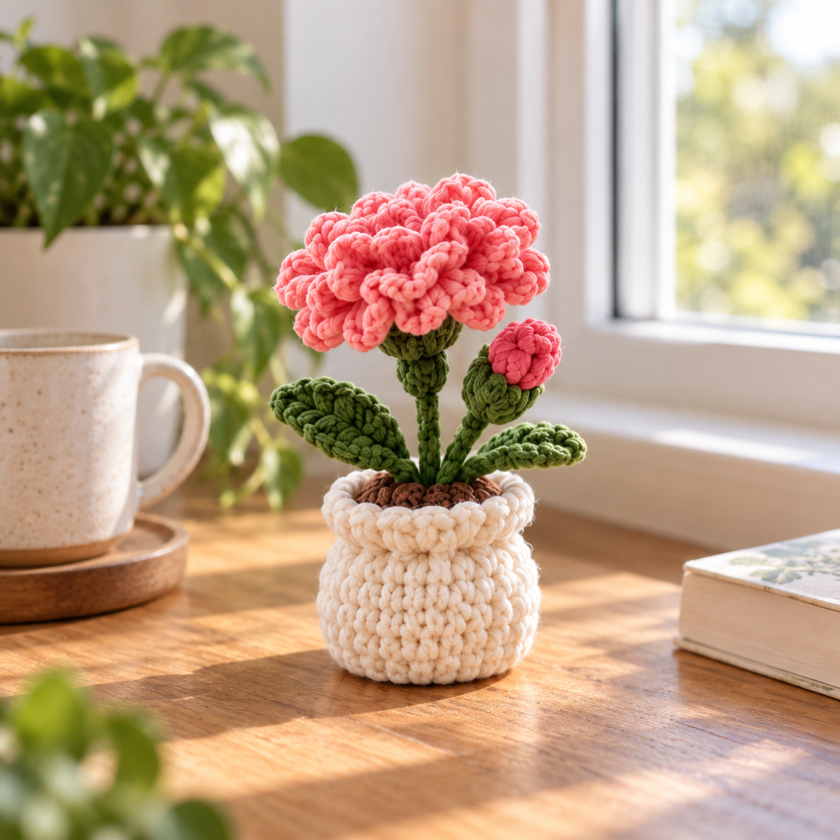 January Carnation crochet birth month flower pot with pink handmade blooms