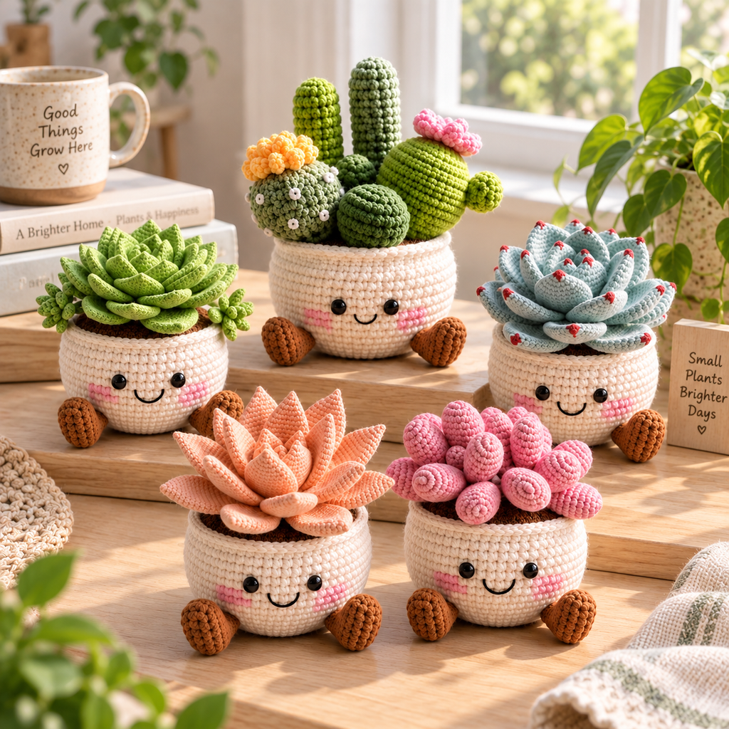 Five handmade crochet succulent pots arranged together on a wooden surface