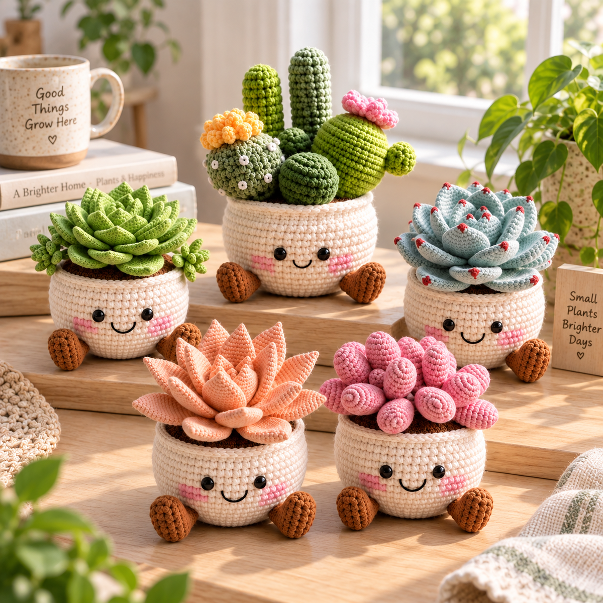 Five handmade crochet succulent pots arranged together on a wooden surface