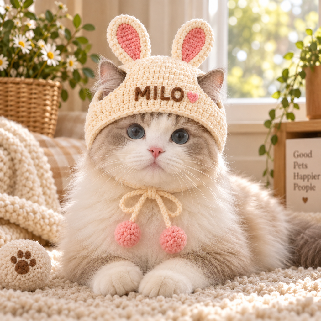 Custom Name Crochet Pet Hat – Bunny, Strawberry, Cow & Mushroom