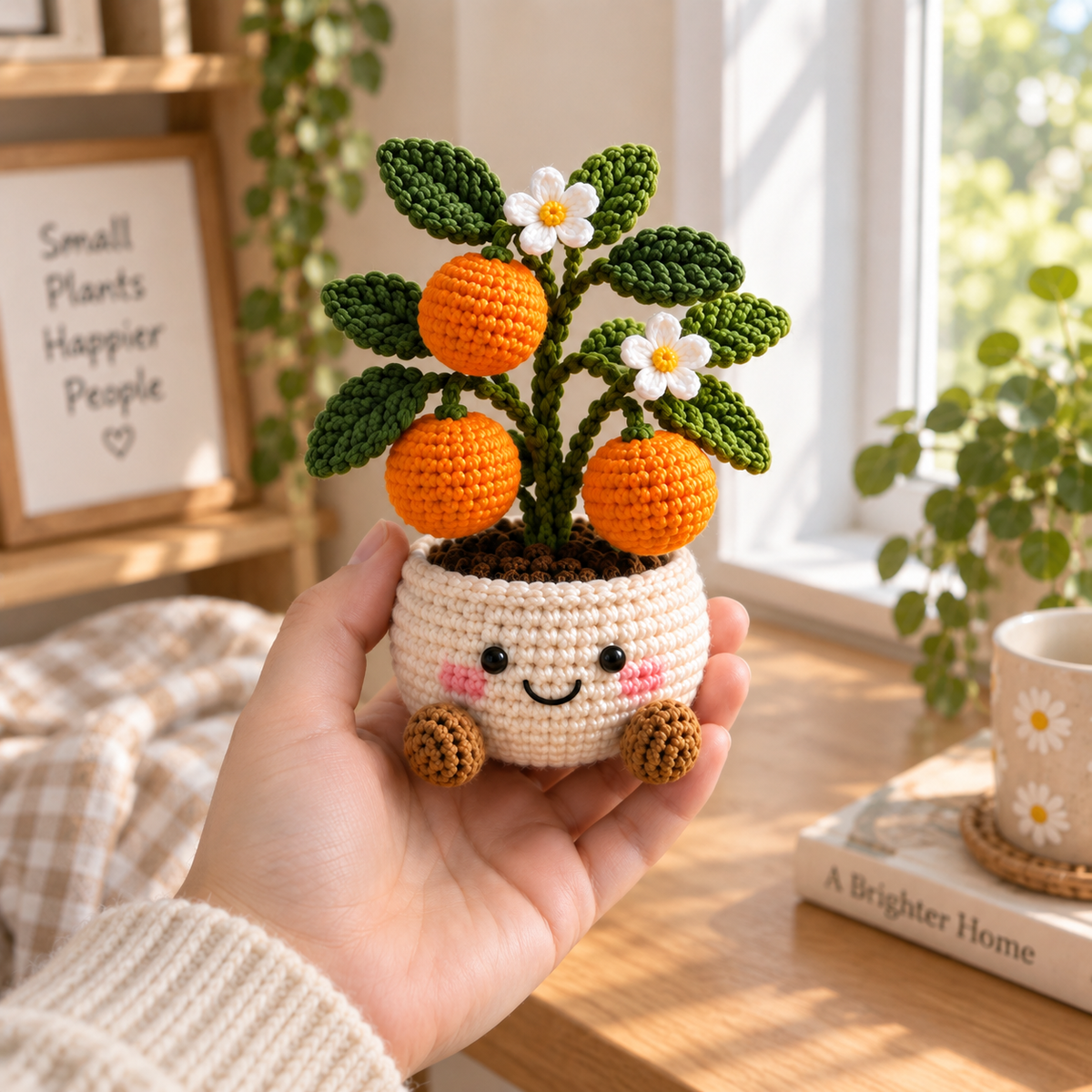 Orange crochet fruit plant decor held by hand in a bright cozy room