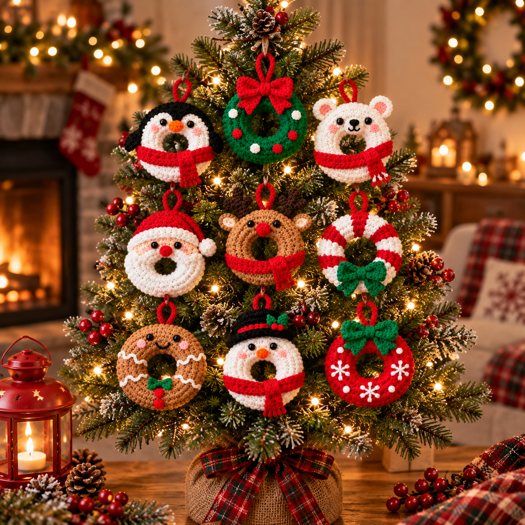 Mini crochet Christmas character ornaments displayed together on a decorated Christmas tree