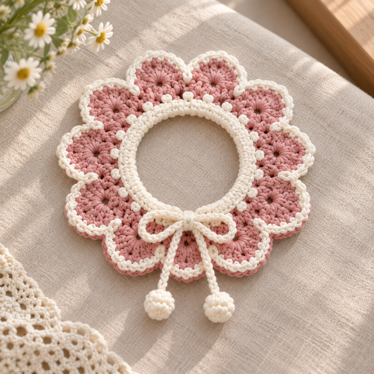 Classic Ruffle crochet pet collar in soft pink and cream with tie cords