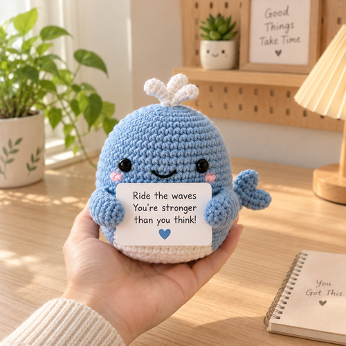 Dolphin amigurumi emotional support character holding a personalized encouragement message