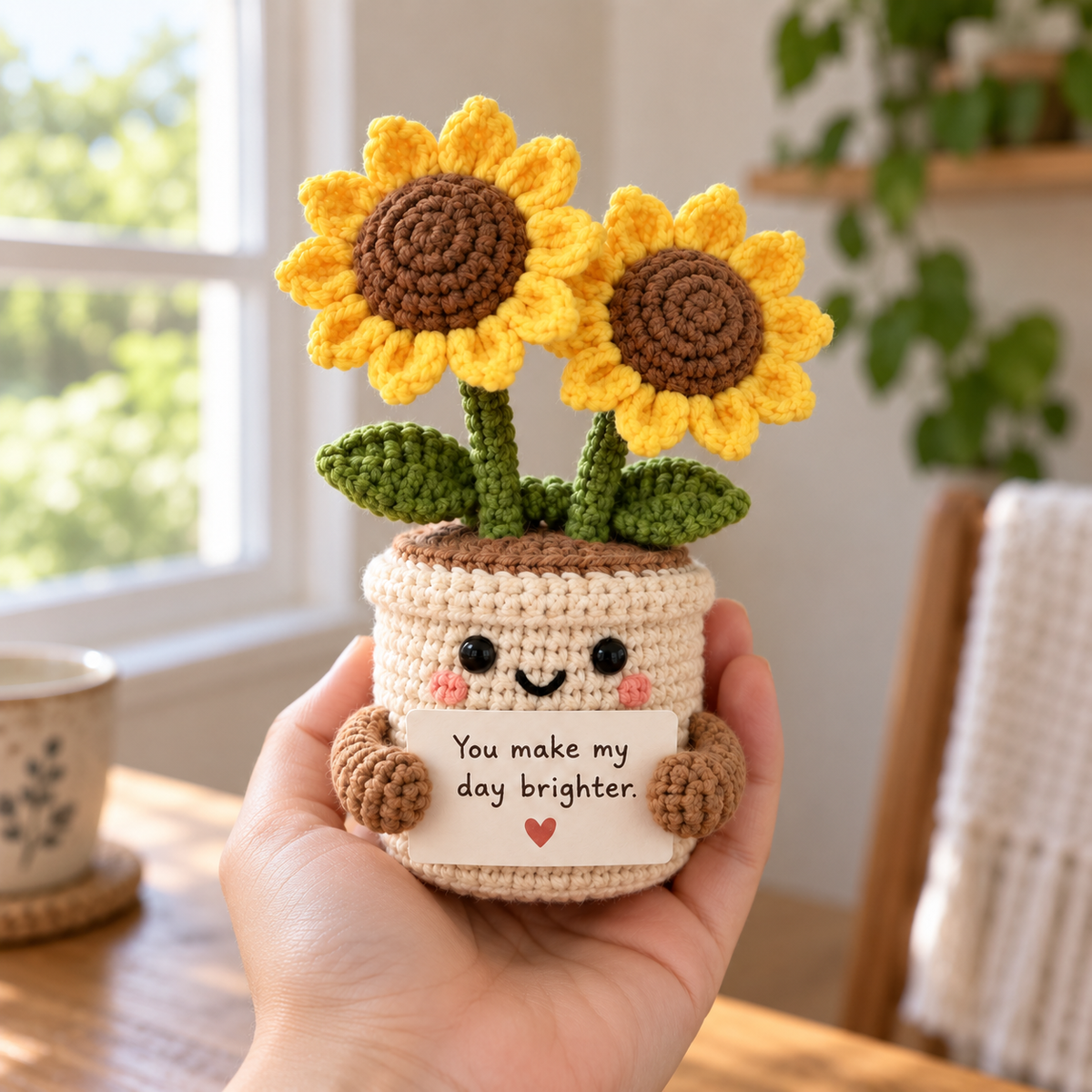 Hand holding personalized crochet sunflower pot with two handmade sunflowers