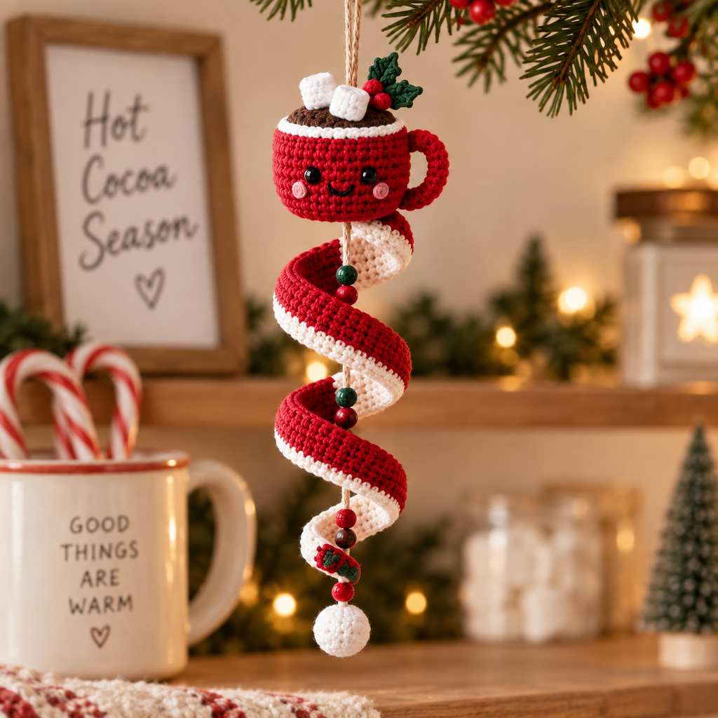 Hot Cocoa Mug crochet spiral Christmas ornament in a cozy holiday kitchen setting