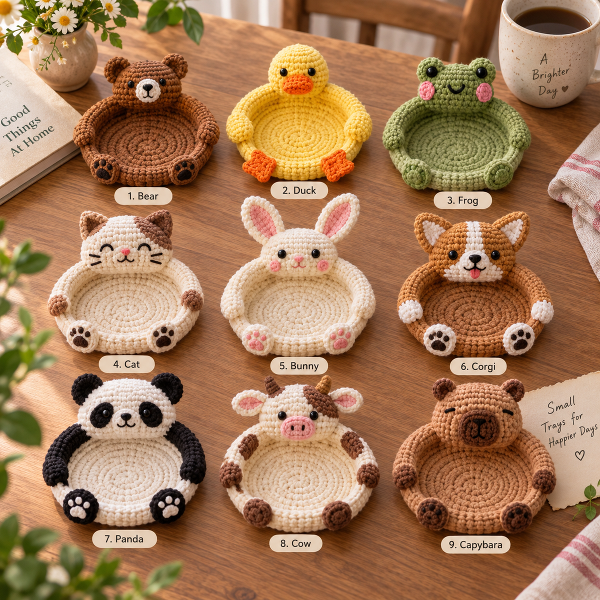 Nine crochet animal coaster styles labeled Bear, Duck, Frog, Cat, Bunny, Corgi, Panda, Cow, and Capybara
