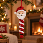 Santa crochet spiral Christmas ornament hanging in a cozy holiday setting