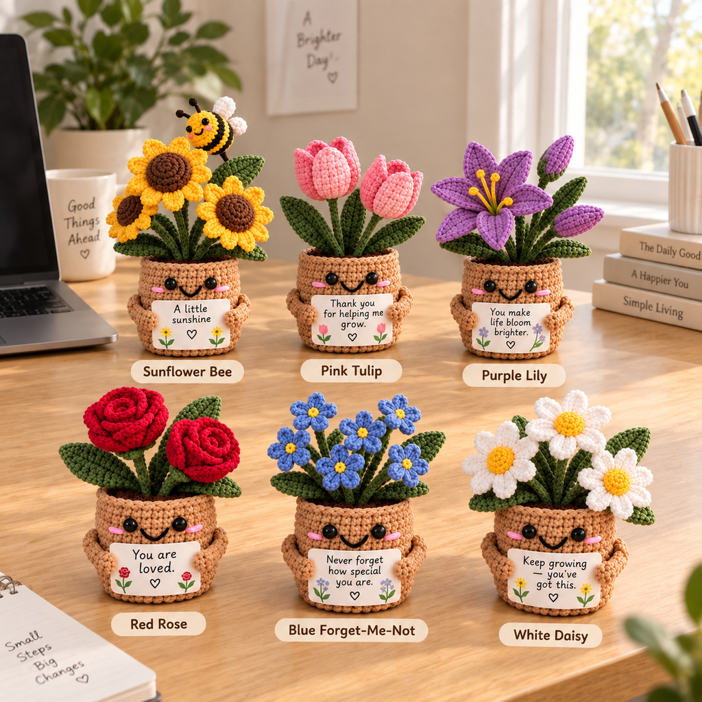 Six crochet flower pot styles labeled Sunflower, Tulip, Lily, Rose, Forget-Me-Not, and Daisy with custom message cards