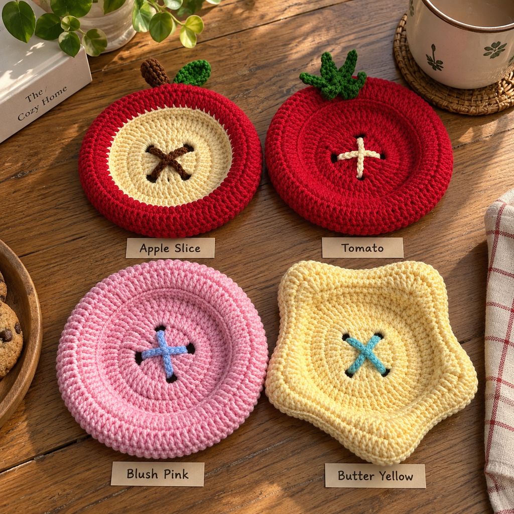 Four crochet coaster options labeled Apple Slice, Tomato, Blush Pink, and Butter Yellow