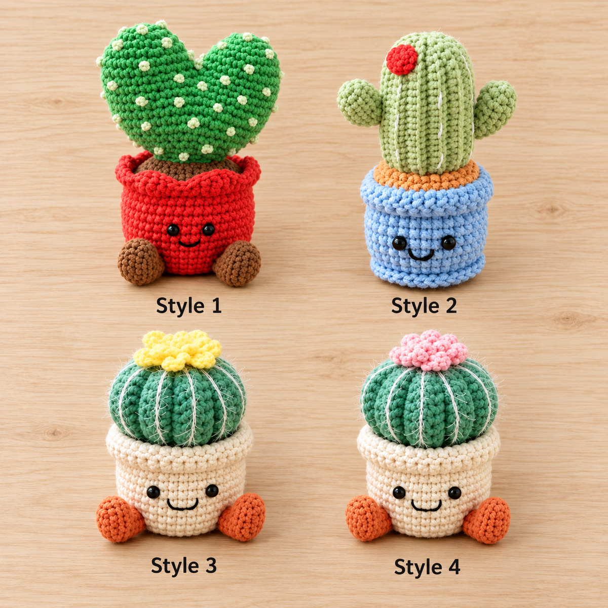 Four crochet cactus decor options labeled Style 1, Style 2, Style 3, and Style 4