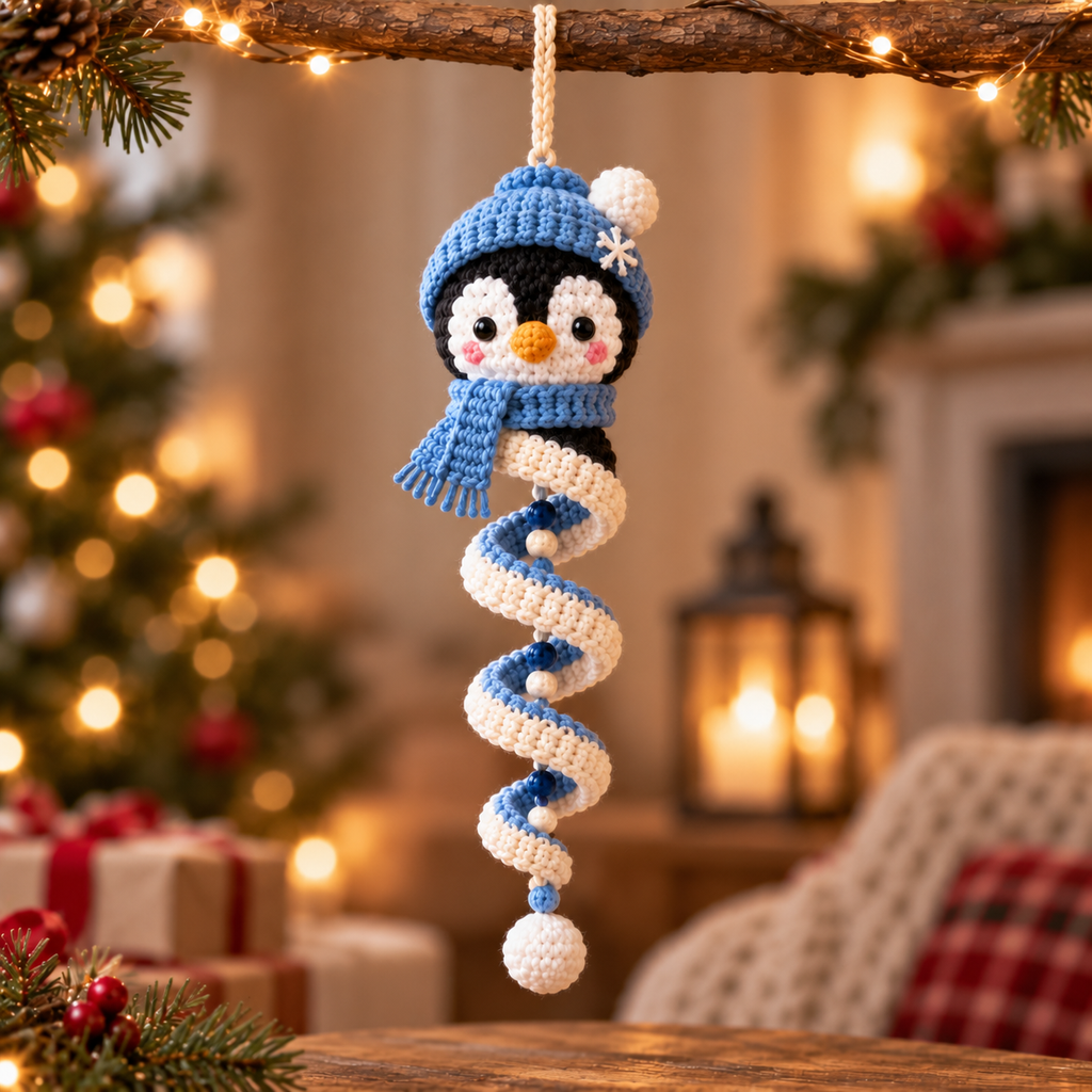 Penguin crochet spiral ornament with blue winter hat and scarf in a cozy holiday setting