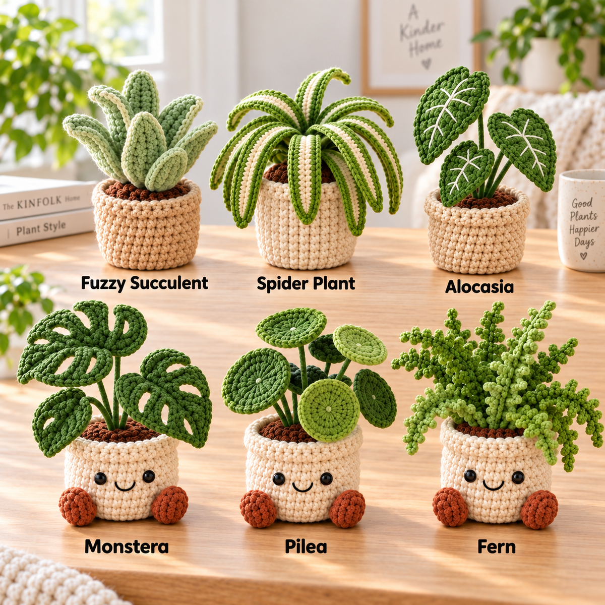 Six crochet plant styles labeled Fuzzy Succulent, Spider Plant, Alocasia, Monstera, Pilea, and Fern