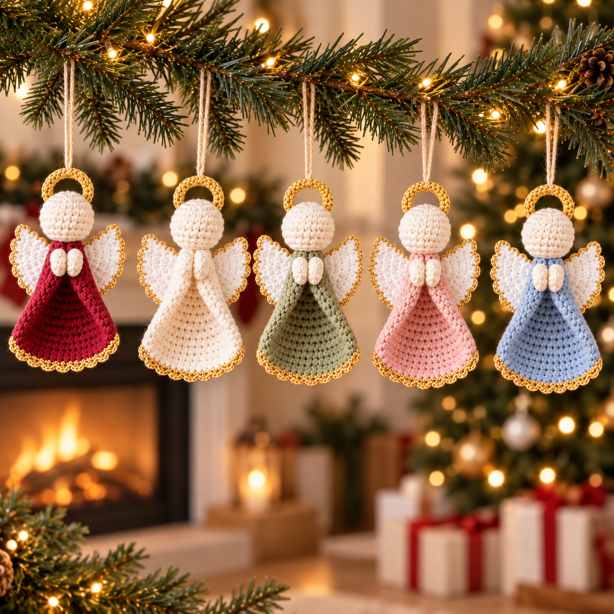 Five handmade crochet angel ornaments displayed together in soft holiday colors