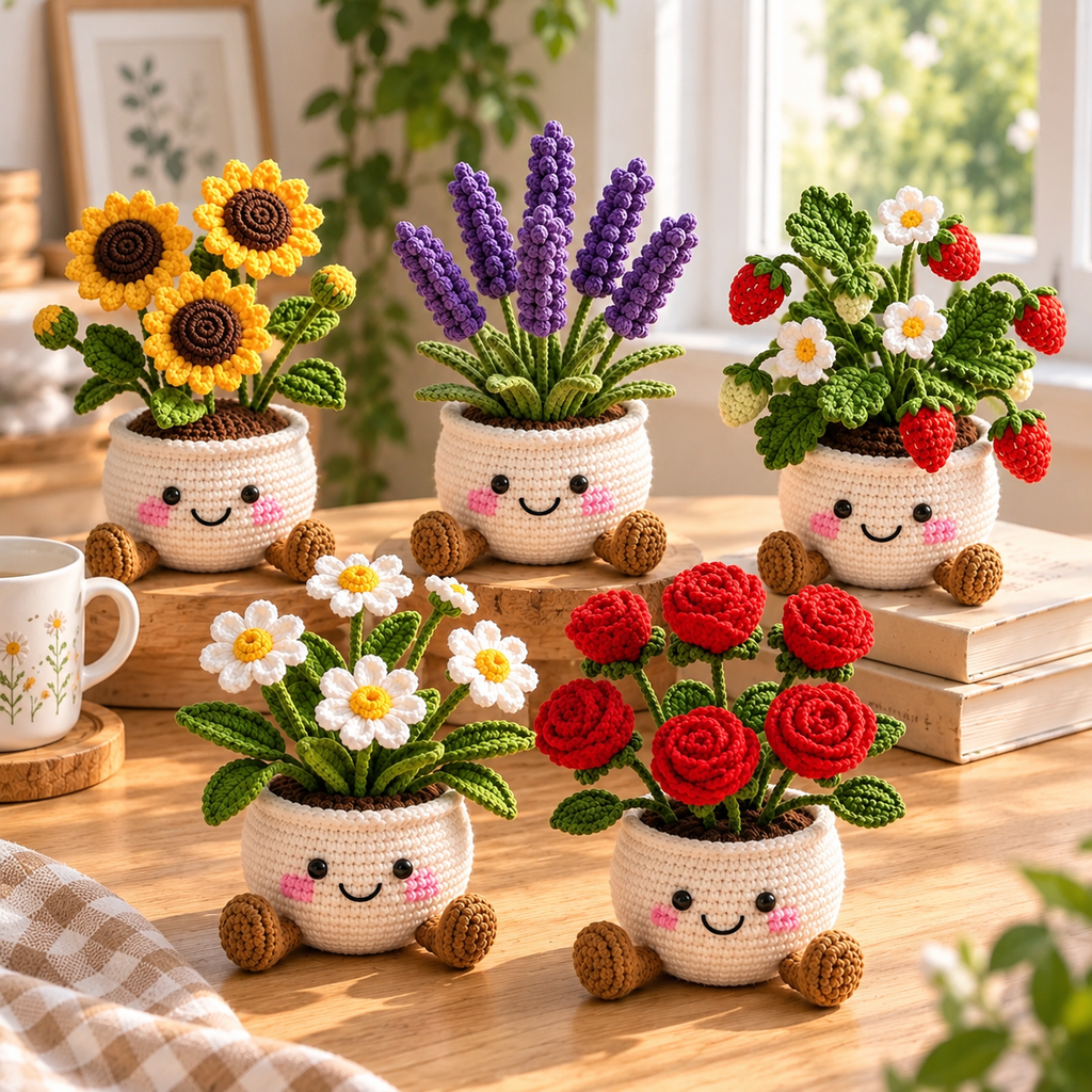 Handmade crochet flower plant decor collection displayed together in a cozy indoor setting