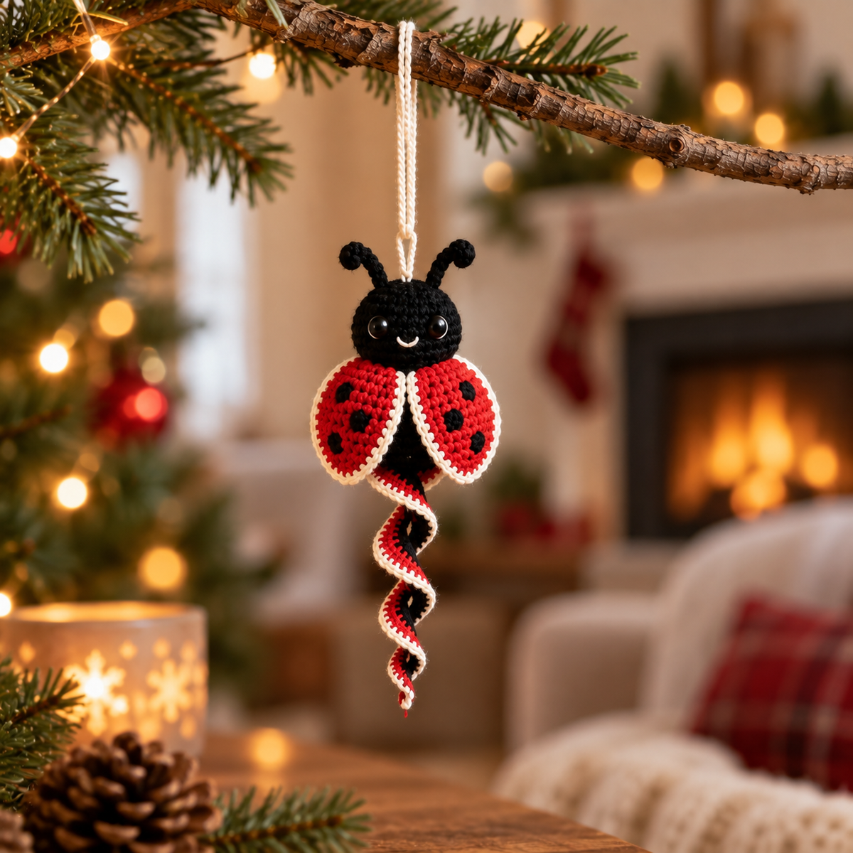 Ladybug crochet spiral ornament with red wings and black handmade details