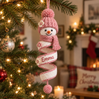 Blush personalized snowman crochet spiral ornament with the custom name Emma