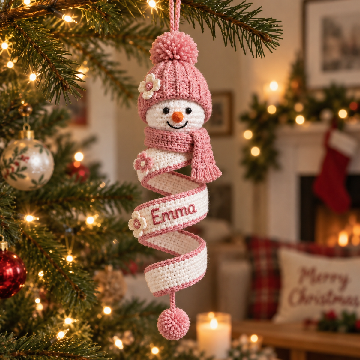 Blush personalized snowman crochet spiral ornament with the custom name Emma