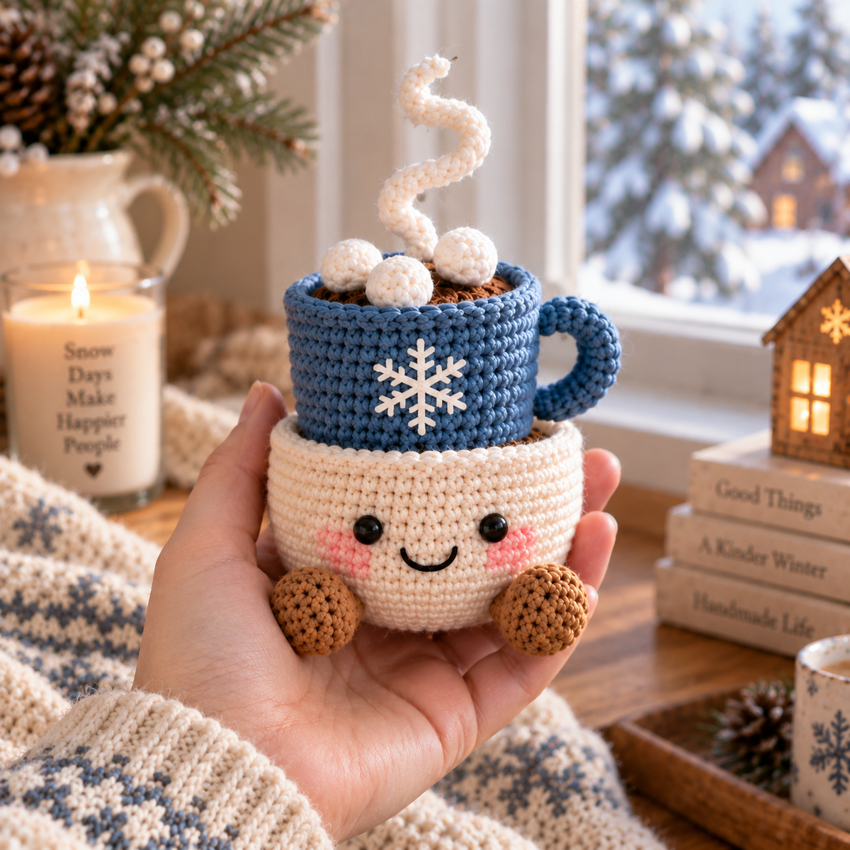 Hot Cocoa crochet winter decor with blue mug, marshmallows, and snowflake detail in a smiling pot