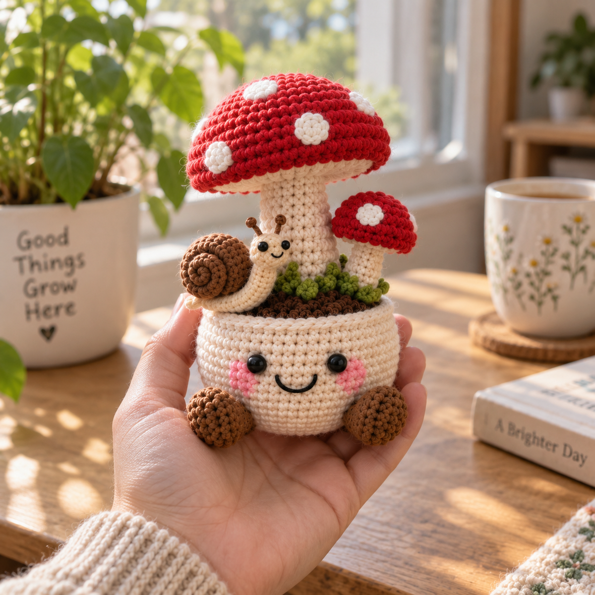 Style 1 crochet garden decor with red mushrooms and a small snail in a smiling pot