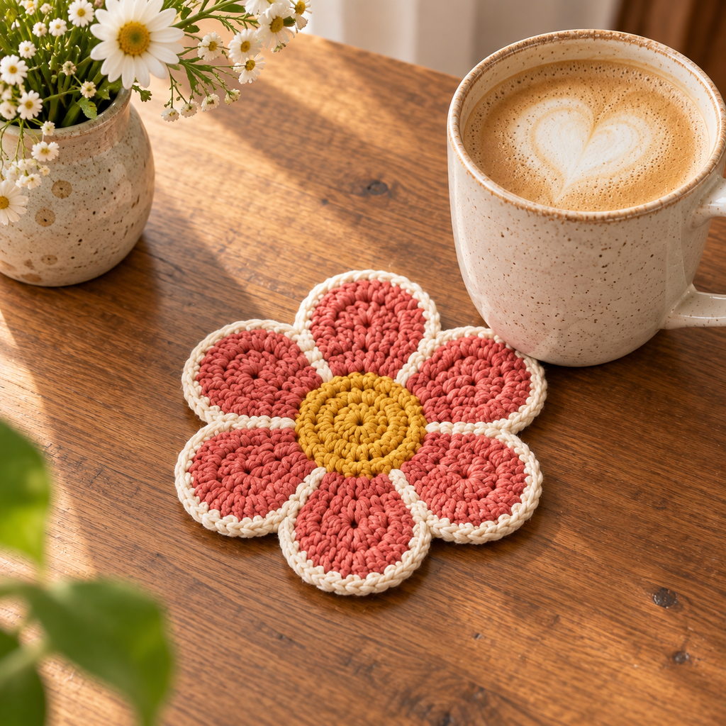 Petal Pop crochet coaster in pink and cream flower shape beside a latte mug