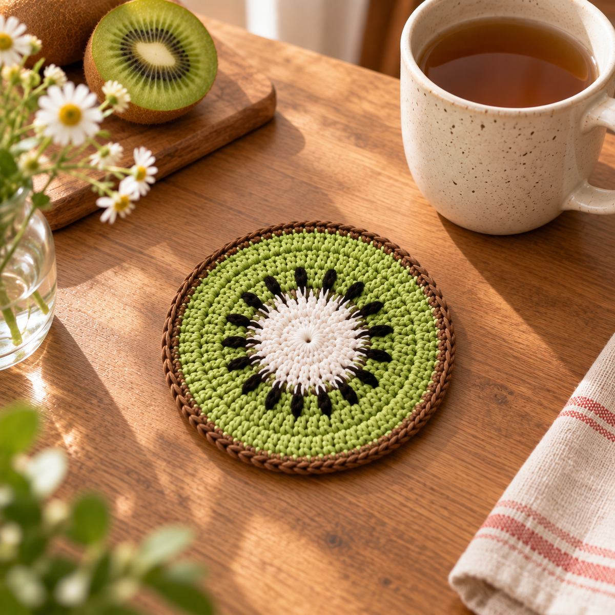Kiwi crochet coaster on a wooden table beside a tea mug