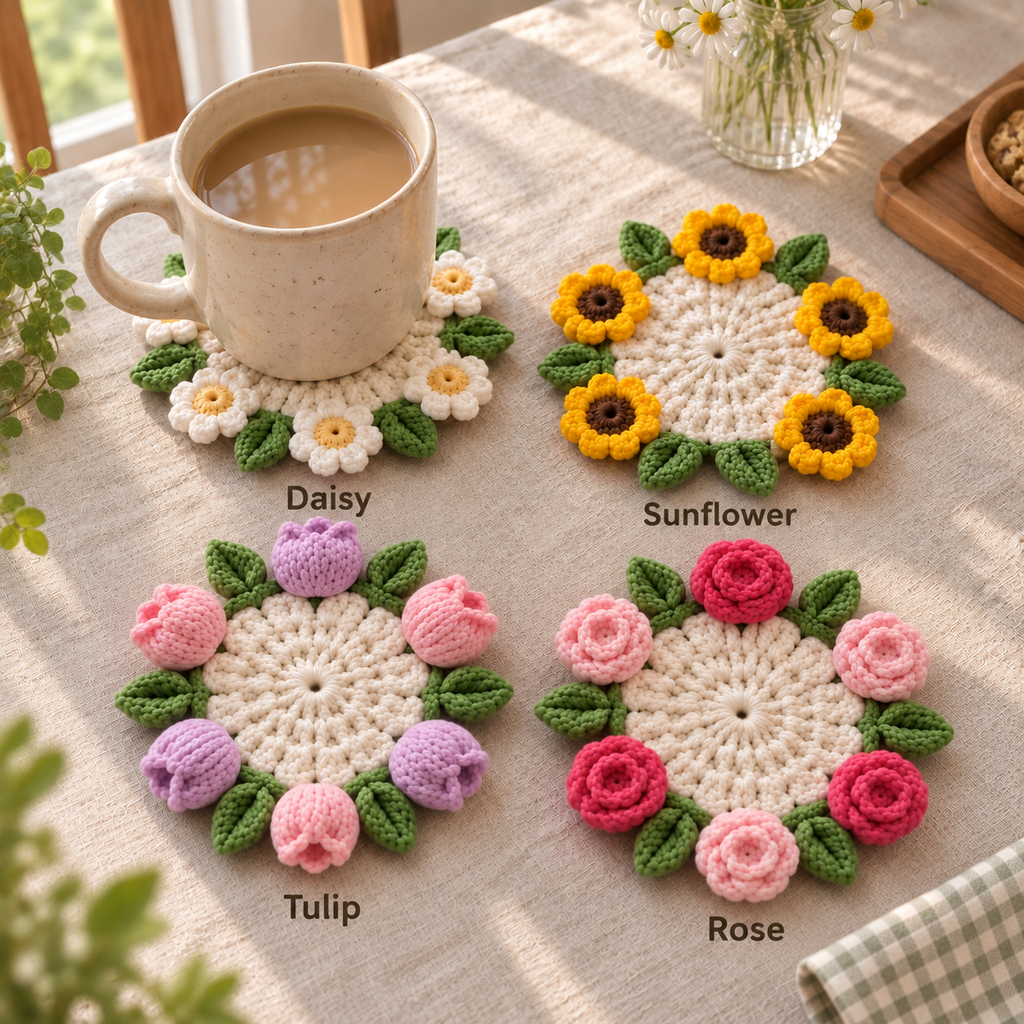 Crochet flower coasters labeled Daisy, Sunflower, Tulip, and Rose displayed beside a mug