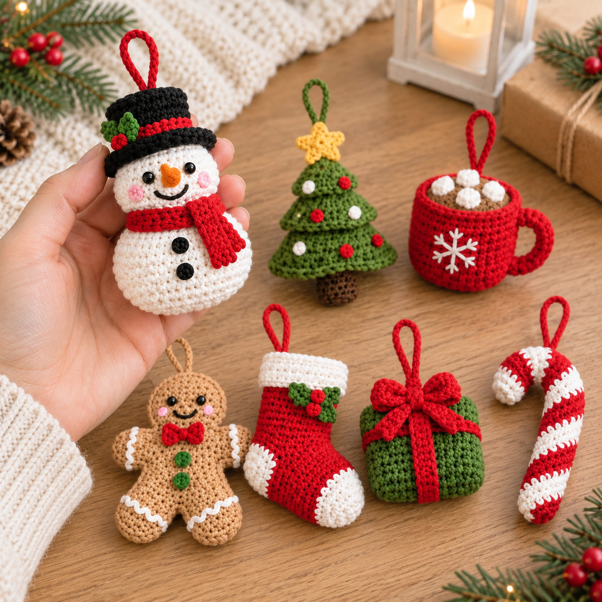 Hand holding a Snowman crochet hanging ornament with other mini Christmas ornaments nearby