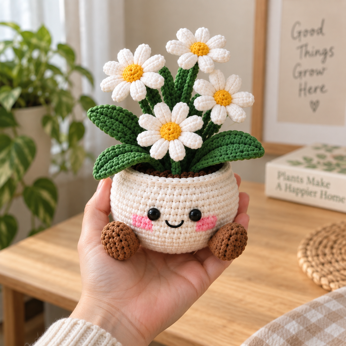 Daisy crochet flower pot decor held by hand in a bright cozy room