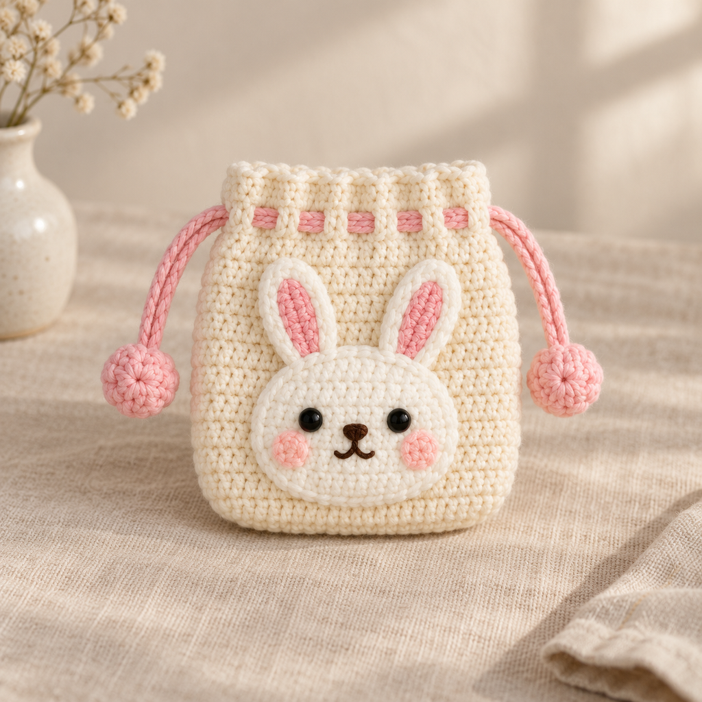 Crochet Bunny drawstring pouch in cream yarn with pink details
